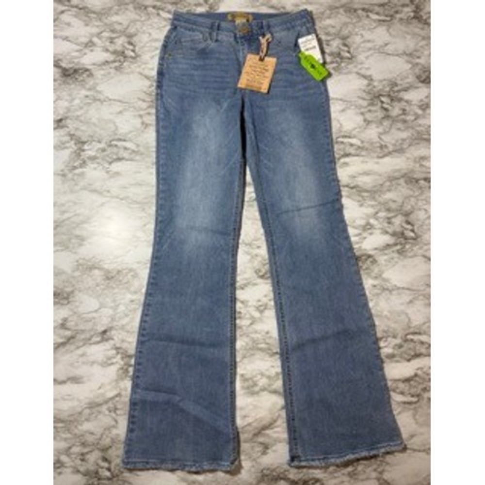 Democracy Petite High Rise Flare Jeans AB Technology Itty Bitty Booty Blue - Picture 2 of 9